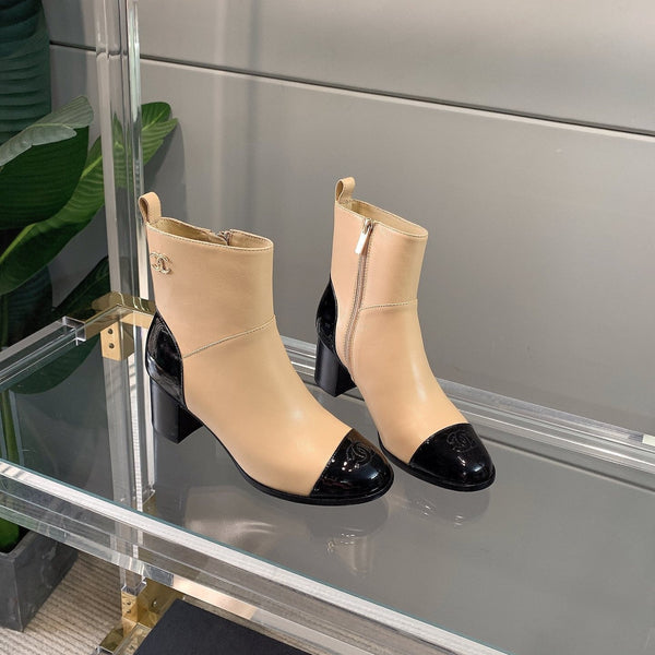 CC Block Heel Ankle Boots 60mm Black Beige Patent Leather Sheeepskin 464555