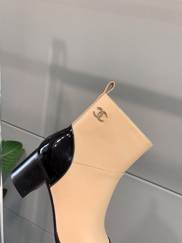 CC Block Heel Ankle Boots 60mm Black Beige Patent Leather Sheeepskin 464555