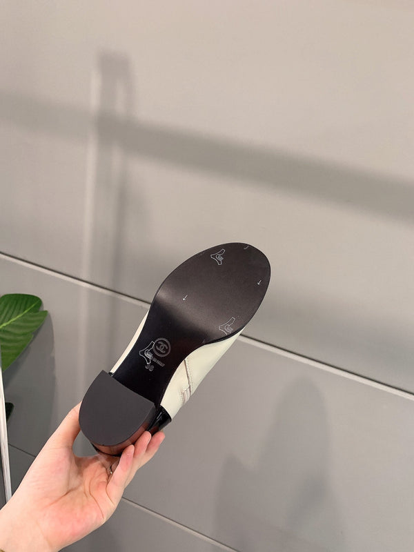 CC Block Heel Ankle Boots 60mm Black White Patent Leather Sheeepskin 464556