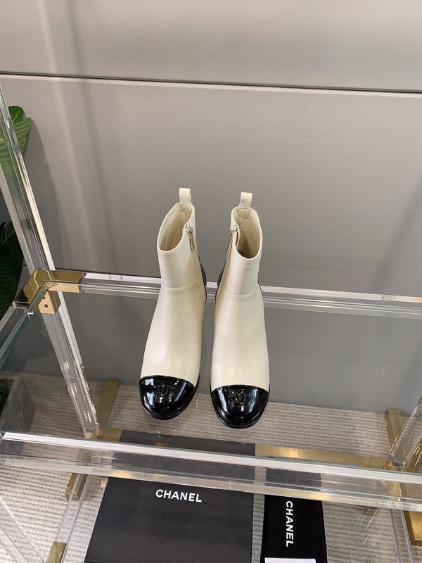 CC Block Heel Ankle Boots 60mm Black White Patent Leather Sheeepskin 464556