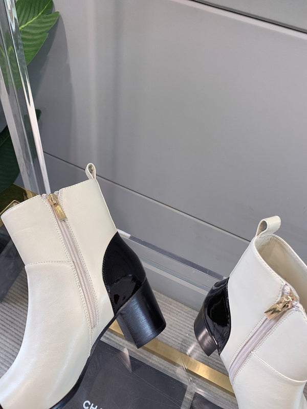 CC Block Heel Ankle Boots 60mm Black White Patent Leather Sheeepskin 464556