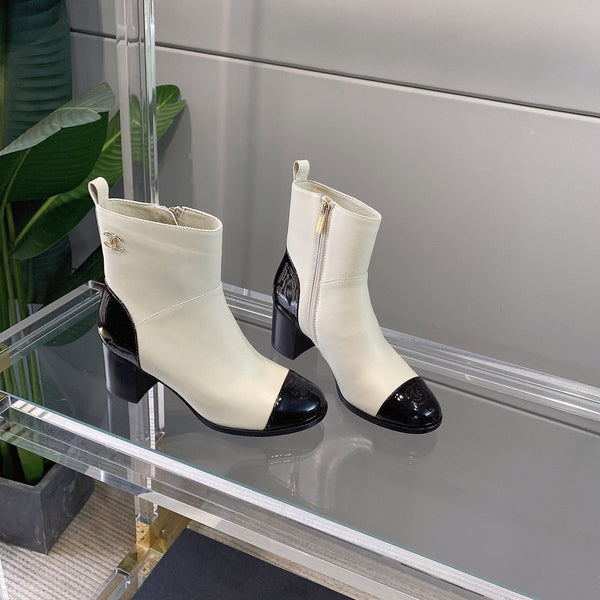 CC Block Heel Ankle Boots 60mm Black White Patent Leather Sheeepskin 464556