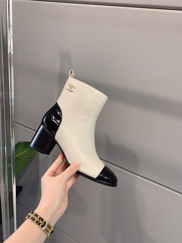 CC Block Heel Ankle Boots 60mm Black White Patent Leather Sheeepskin 464556