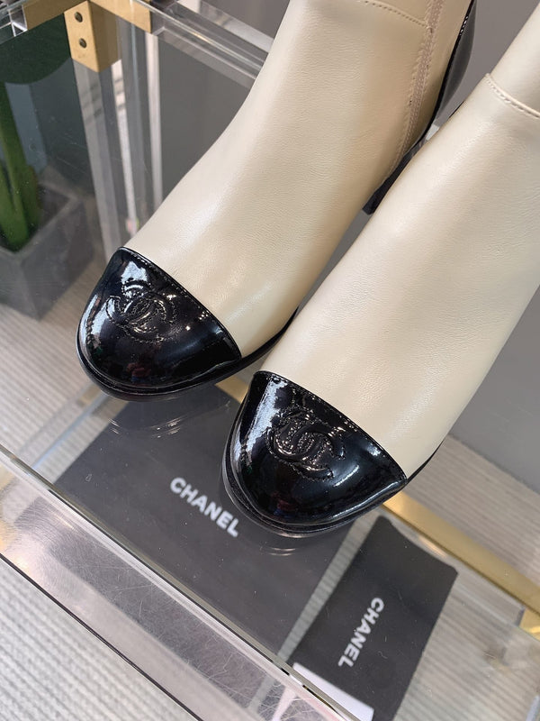 CC Block Heel Ankle Boots 60mm Black White Patent Leather Sheeepskin 464556