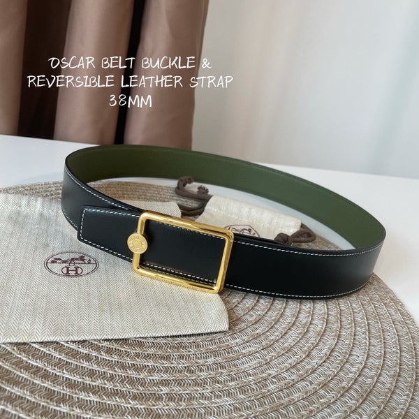 OSCAR BELT BUCKLE & REVERSIBLE OLIVE GREEN LEATHER STRAP 38MM GOLD HARDWARE