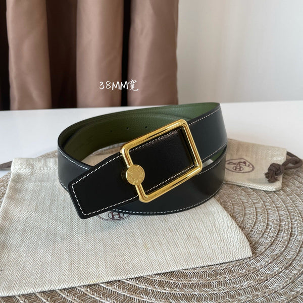 OSCAR BELT BUCKLE & REVERSIBLE OLIVE GREEN LEATHER STRAP 38MM GOLD HARDWARE