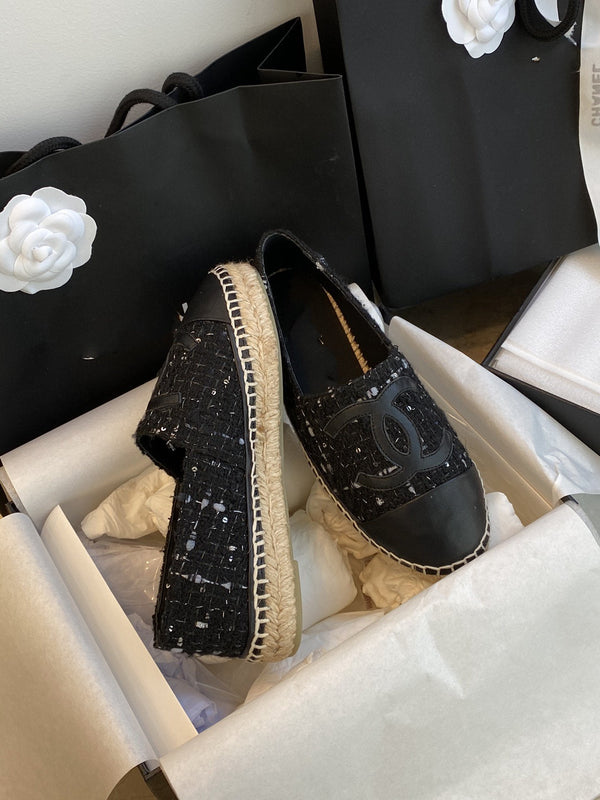 espadriles nere bianche tweed pelle di agnello nera