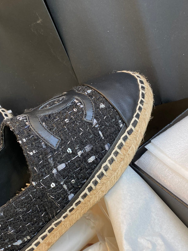 espadriles nere bianche tweed pelle di agnello nera