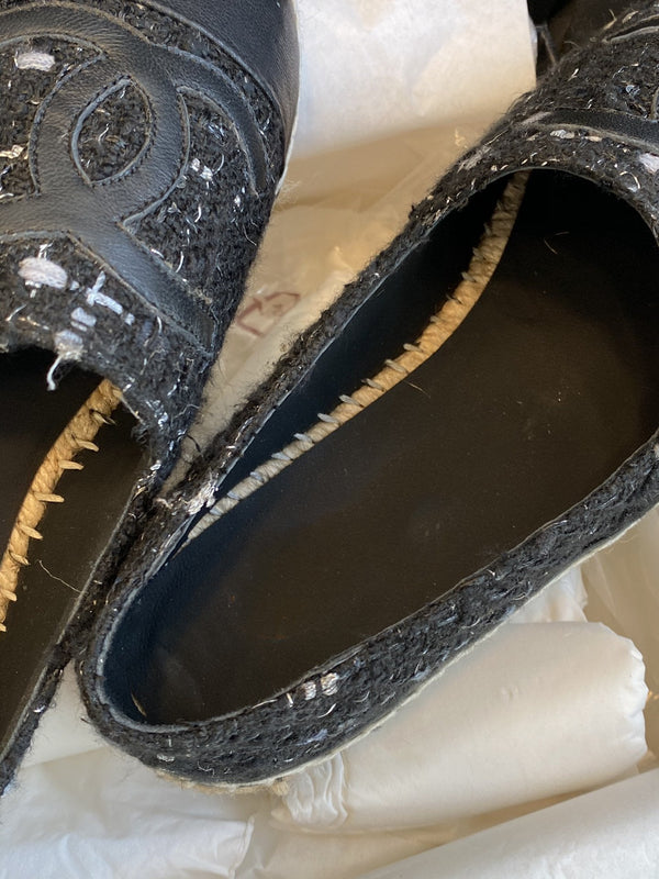 espadriles nere bianche tweed pelle di agnello nera