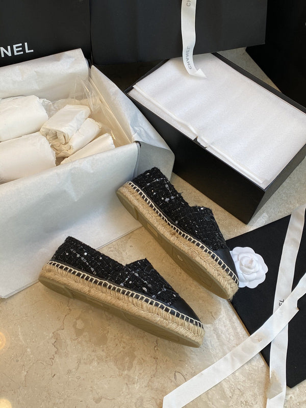 espadriles nere bianche tweed pelle di agnello nera