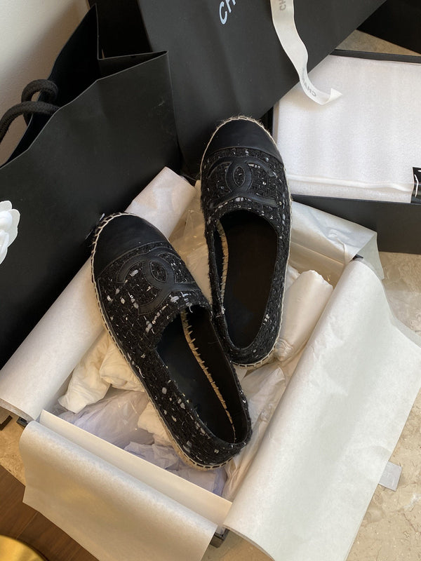 espadriles nere bianche tweed pelle di agnello nera