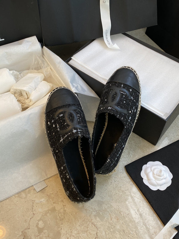 espadriles nere bianche tweed pelle di agnello nera