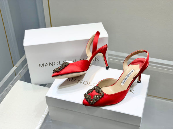 Manolo Buckle Slingback 7cm Red Silk 208030