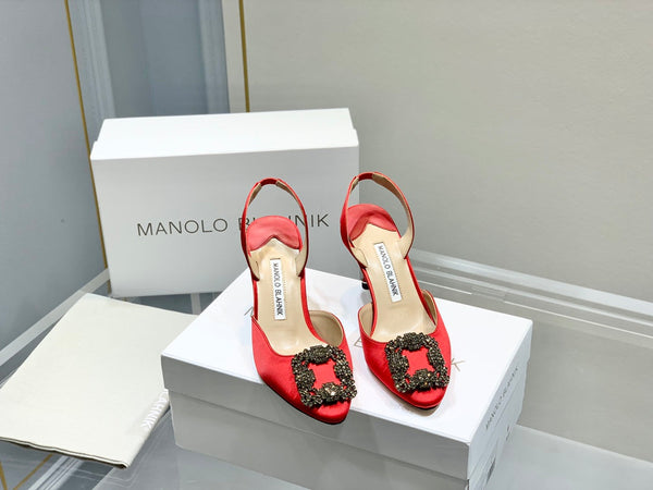 Manolo Buckle Slingback 7cm Red Silk 208030