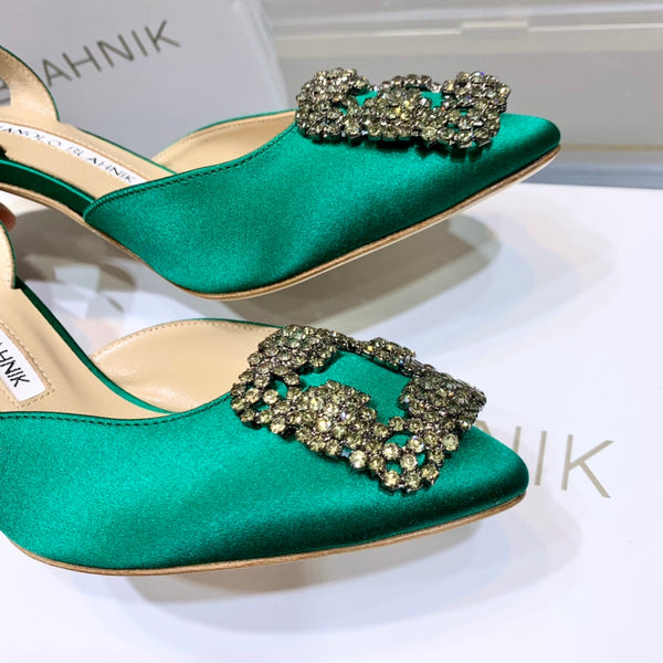Manolo Buckle Slingback 7cm Green Silk 208029