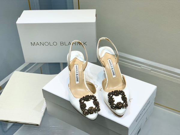 Manolo Buckle Slingback 7cm White Silk 208028