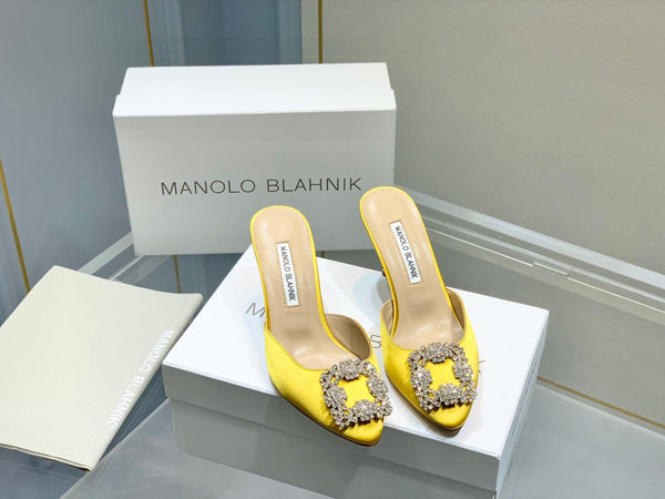 Manolo Buckle Mules 7cm Yellow Silk 208021