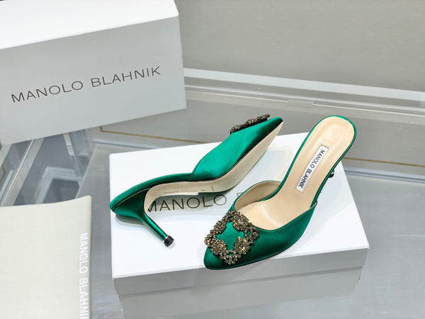 Manolo Buckle Mules 7cm Green Silk 208016