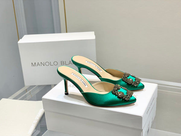 Manolo Buckle Mules 7cm Green Silk 208016