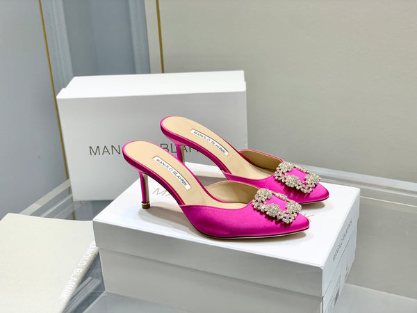 Manolo Buckle Mules 7cm Dark Pink Silk 208015