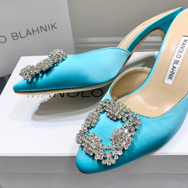 Manolo Buckle Mules 7cm Eletric Blue Silk 208017