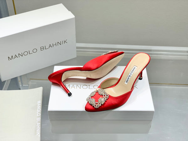 Manolo Buckle Mules 7cm Red Silk 208018
