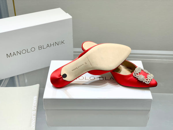 Manolo Buckle Mules 7cm Red Silk 208018