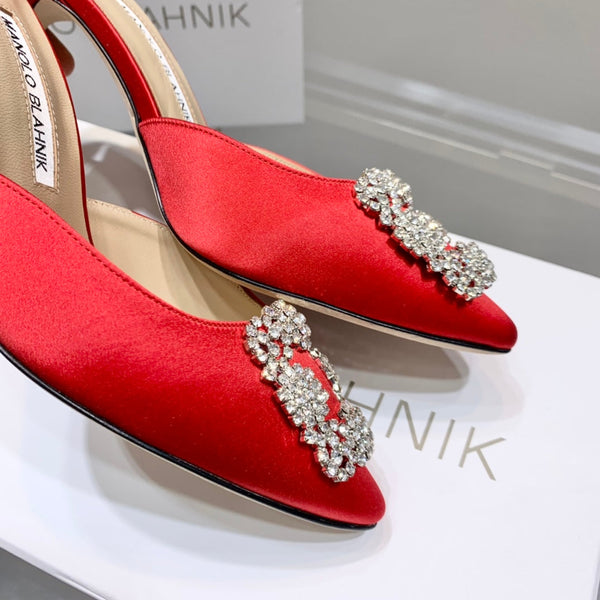 Manolo Buckle Mules 7cm Red Silk 208018
