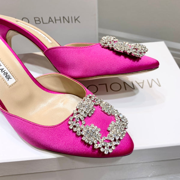 Manolo Buckle Mules 7cm Dark Pink Silk 208015