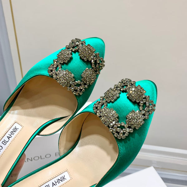Manolo Buckle Mules 7cm Green Silk 208016