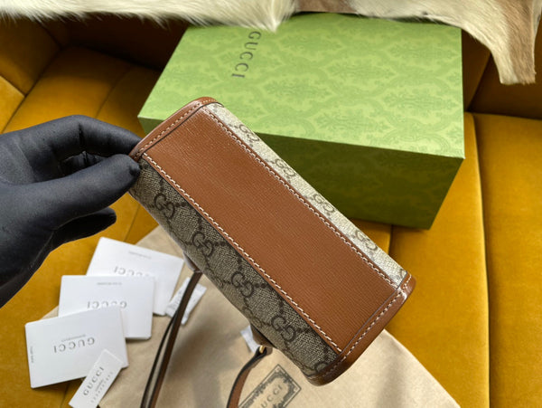 MINI TOTE 20 BAG IN TELA BEIGE E PELLE DI VITELLO MARRONE