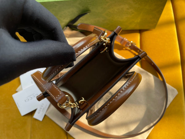 MINI TOTE 20 BAG IN TELA BEIGE E PELLE DI VITELLO MARRONE