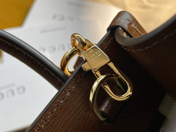 MINI TOTE 20 BAG IN TELA BEIGE E PELLE DI VITELLO MARRONE