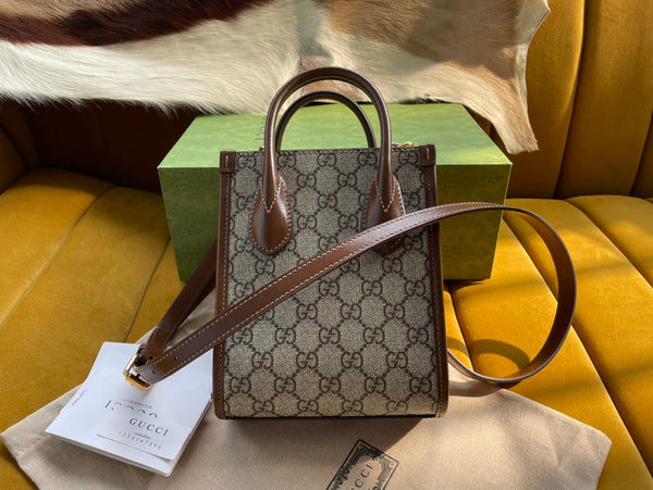 MINI TOTE 20 BAG IN TELA BEIGE E PELLE DI VITELLO MARRONE