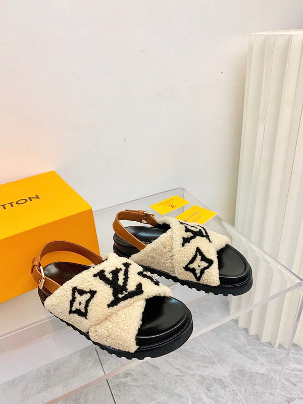 LV Paseo Flat Comfort Sandal Beige Black Fleece