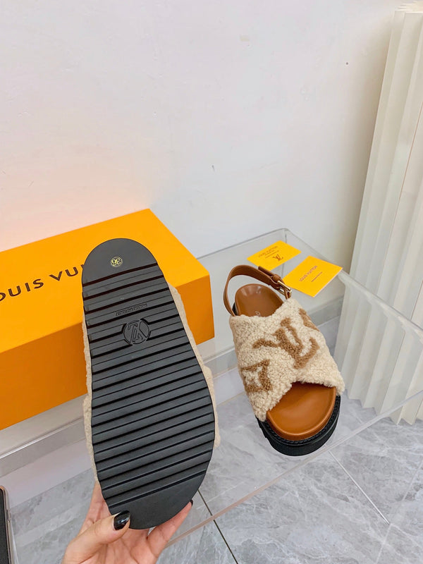 LV Paseo Flat Comfort Sandal Beige Brown Fleece
