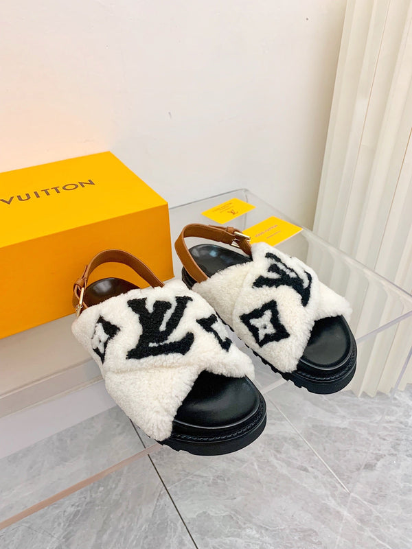 LV Paseo Flat Comfort Sandal White Black Fleece