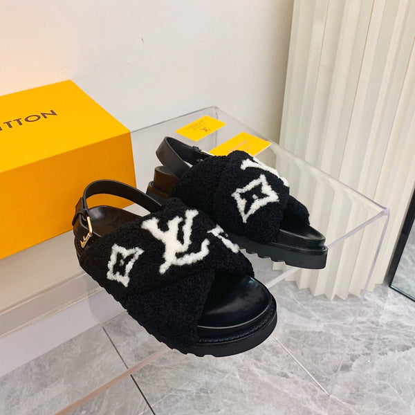 Sandalo LV Paseo Flat Comfort in pile nero bianco