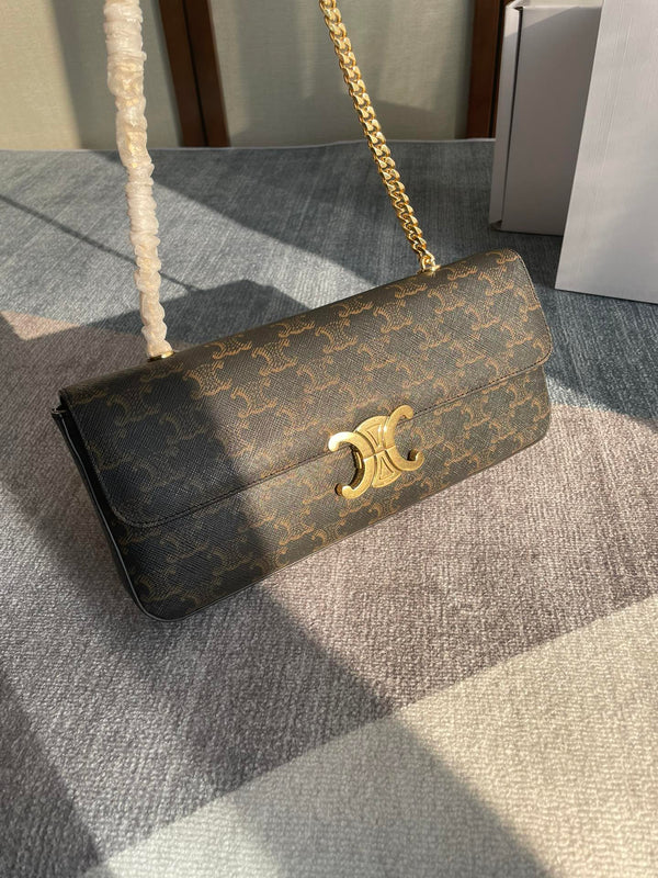 BORSA A TRACOLLA CON CATENA CLAUDE 33 IN TELA TRIOMPHE NERA CON FERRAMENTA ORO