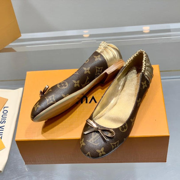 LV Joy Ballerina in pelle di vitello monogrammata marrone scuro misto giallo