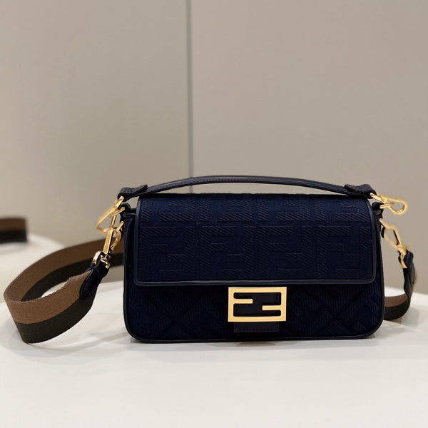 BAGUETTE WITH FF MOTIF 27 IN NAVY BLUE JACQUARD FABRIC GOLD HARDWARE