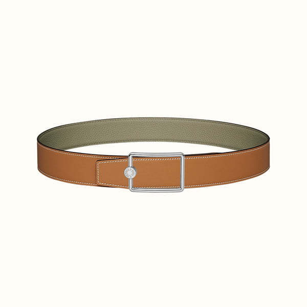 OSCAR BELT BUCKLE & REVERSIBLE KHAKI BROWN AND ORANGE LEATHER STRAP 38MM SILVER HARDWARE