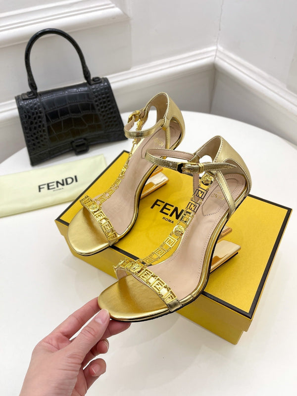 FENDI HIGH-HEELED 85 MM SANDALS IN GOLDEN LAMBSKIN WITH GOLD HARDWARE