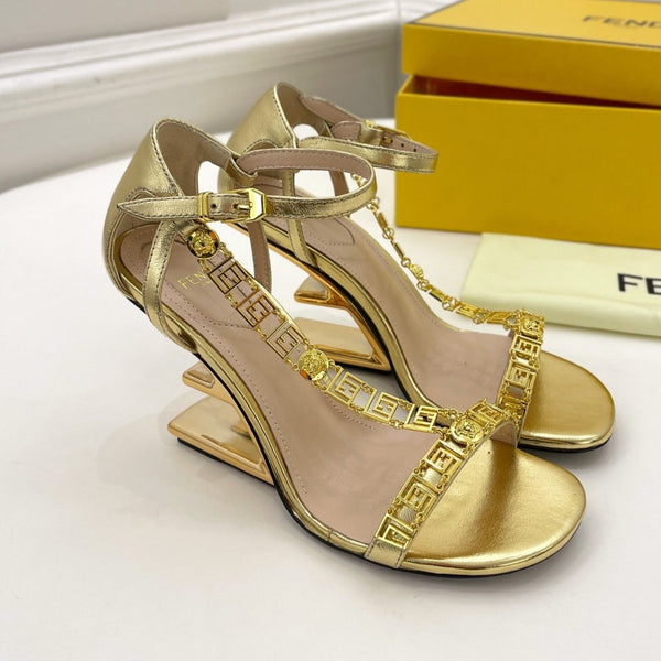 FENDI HIGH-HEELED 85 MM SANDALS IN GOLDEN LAMBSKIN WITH GOLD HARDWARE