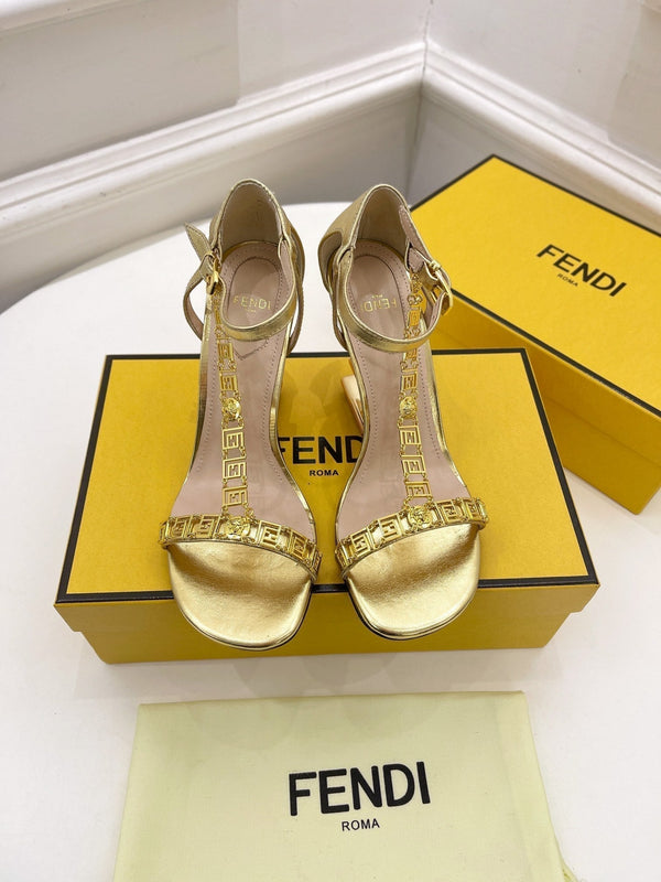 FENDI HIGH-HEELED 85 MM SANDALS IN GOLDEN LAMBSKIN WITH GOLD HARDWARE