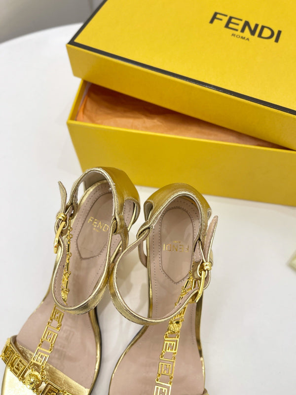 FENDI HIGH-HEELED 85 MM SANDALS IN GOLDEN LAMBSKIN WITH GOLD HARDWARE