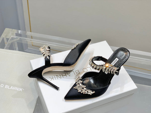 Manolo Mules Crystal Black Silk Satin 219377