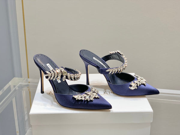 Manolo Mules Crystal Navy Blue Silk Satin 219378