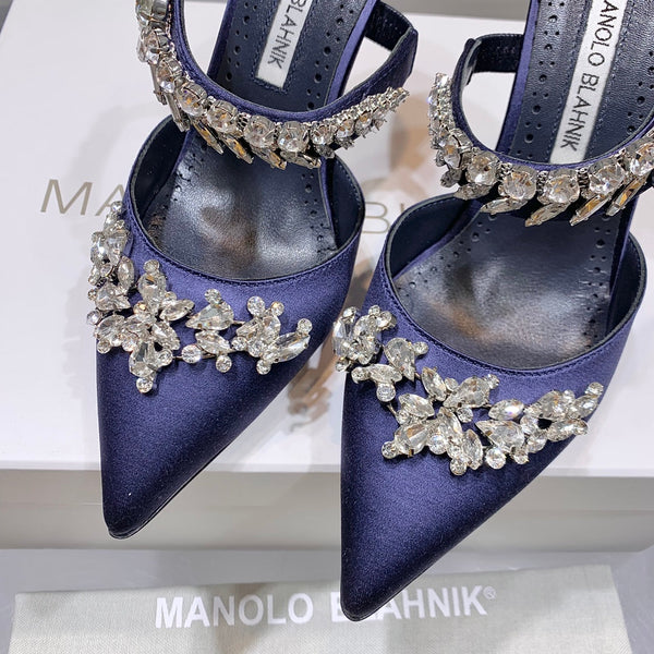 Manolo Mules Crystal Navy Blue Silk Satin 219378