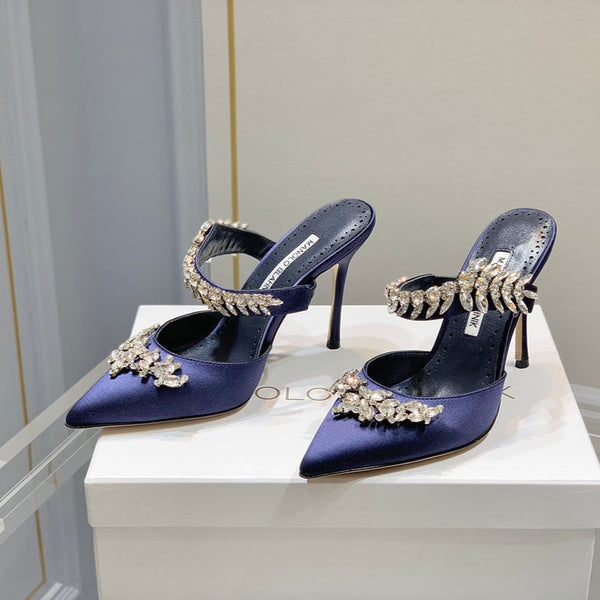 Manolo Mules Crystal Navy Blue Silk Satin 219378